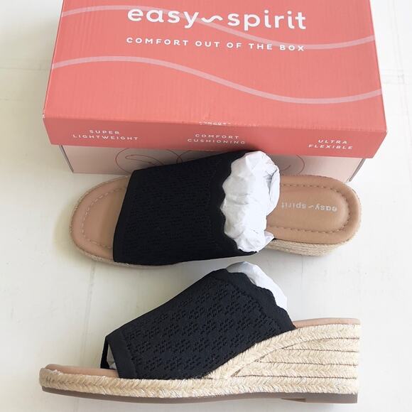 New EASY SPIRIT Shanice Wedge Espadrille Slide Sandal Women’s SIZE 8 WIDE Black - Picture 2 of 9